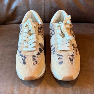 Dolce Vita Beige and White Low Top Sneakers with Animal Print